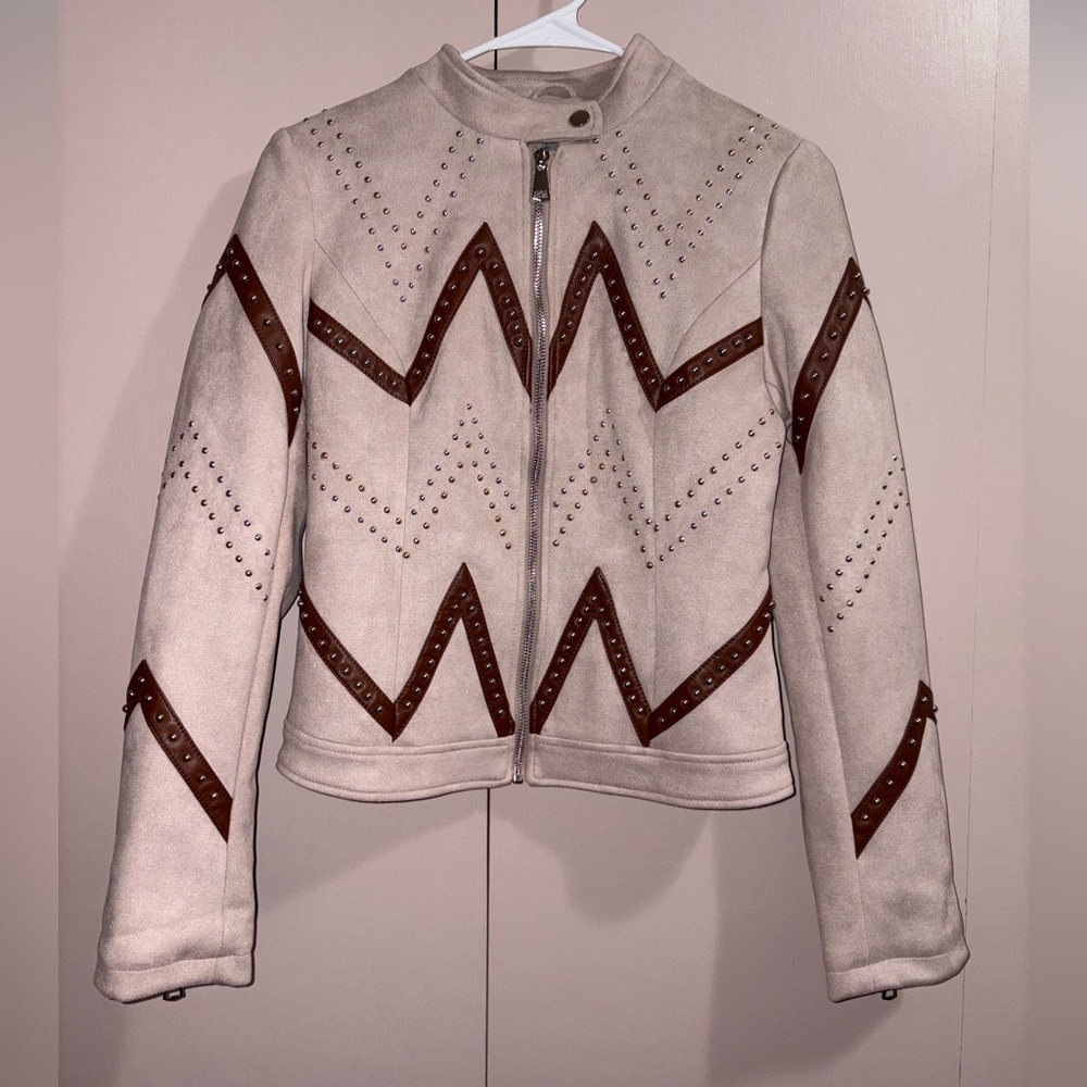 Faux Suede Studded Blush Beige Women's Zip Up Jacket Retro Look Venus Size 2
